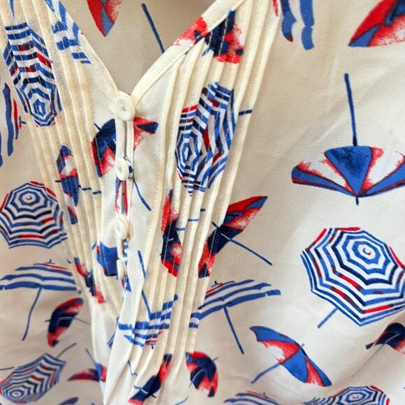 Talbots Womens M White Beach Umbrella Print Blouse W/ Pintuck Button Detail & Sh - Picture 2 of 6